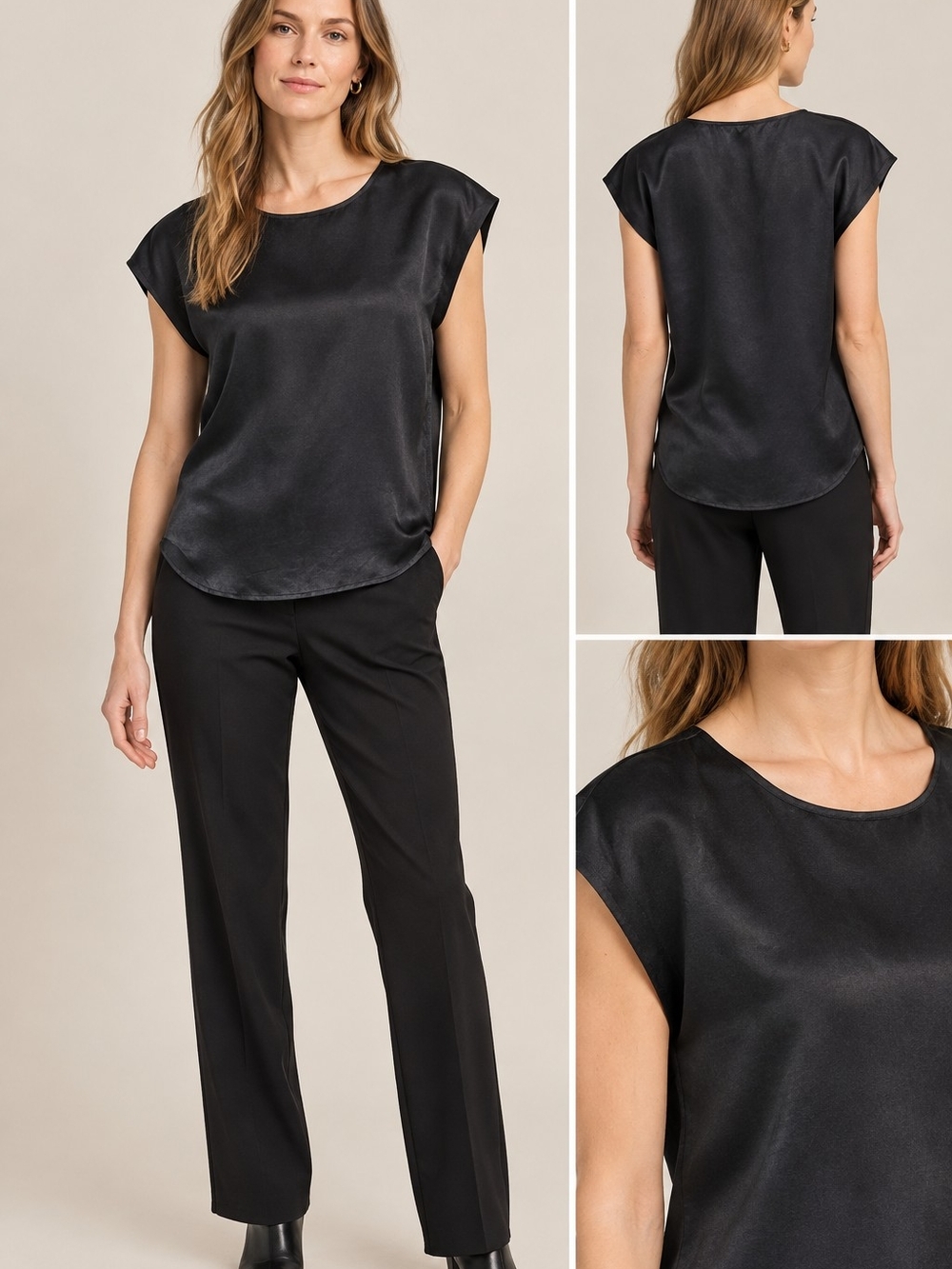 Wavegal Black Silk Short Cap Sleeve Blouse Top Japanese L Luxe Sophisticated